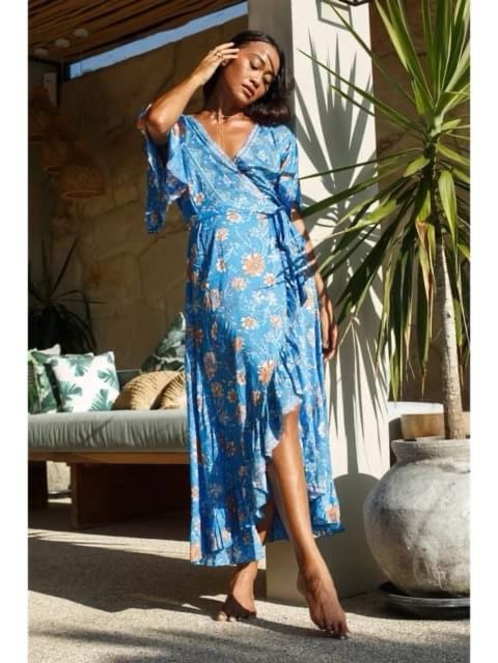 The Fox and the Mermaid || Bohemian Jodoh Maxi Wrap Dress Floral Ruffle Blue